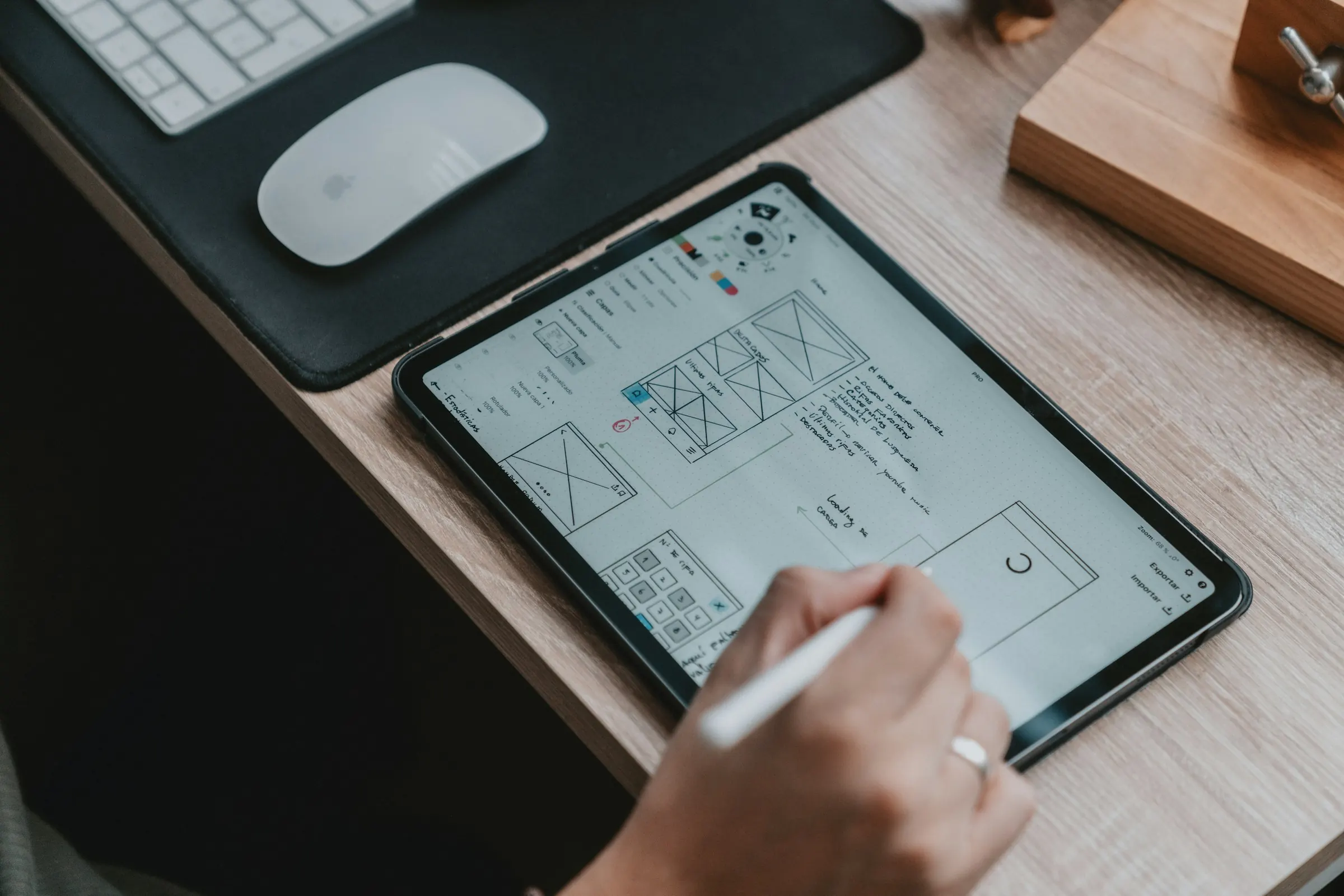Website wireframes sketched on a tablet